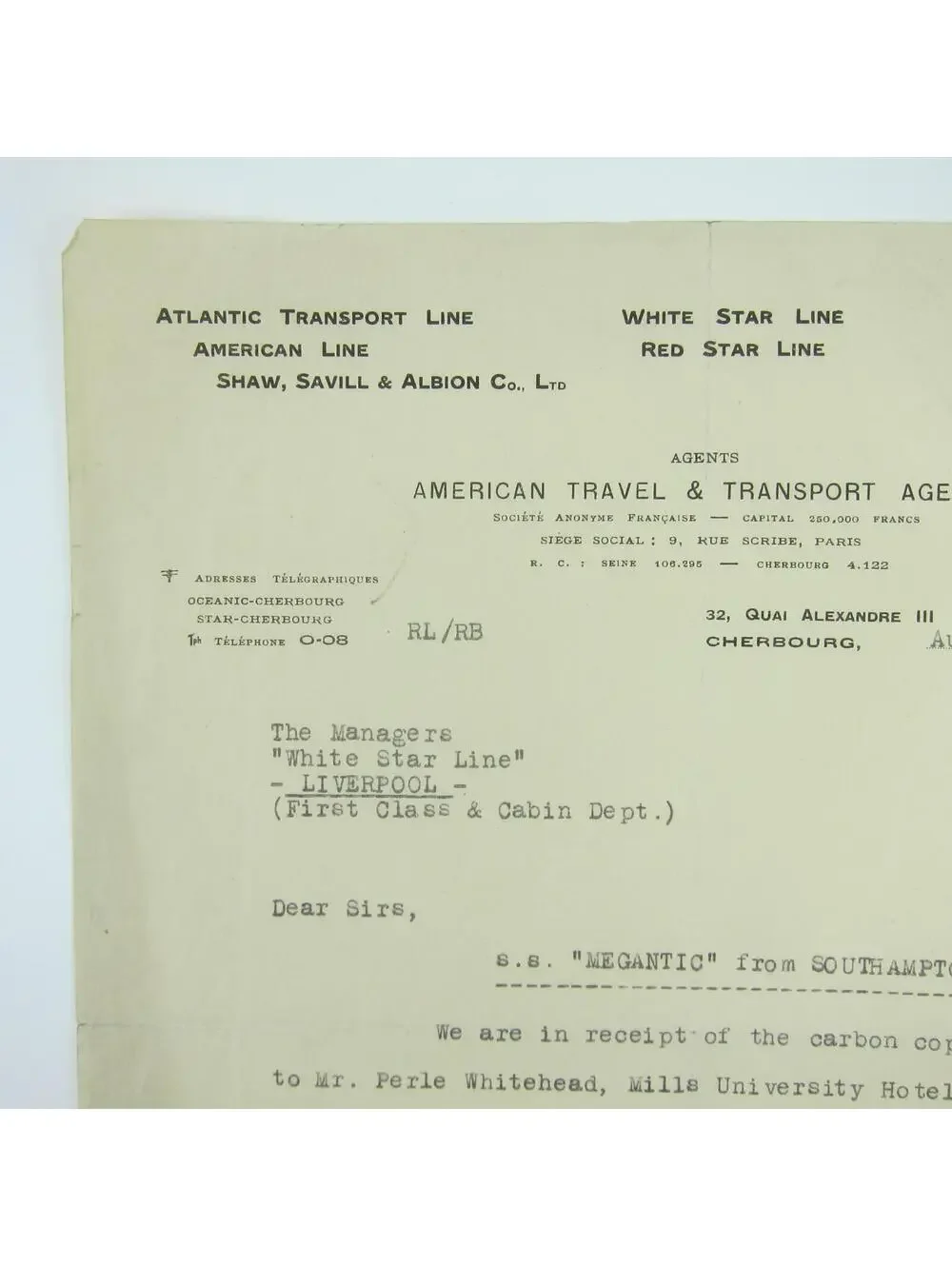 1929 Letterhead American Travel & Transport White Star Lines Perle Whitehead